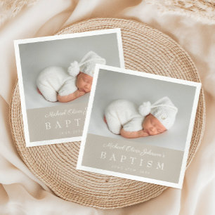 Elegant Taupe Script Photo Baptism Napkins