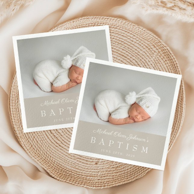 Elegant Taupe Script Photo Baptism Napkins (Elegant Taupe Script Photo Baptism Napkins)