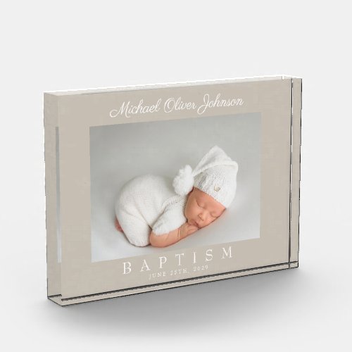 Elegant Taupe Script Photo Baptism Photo Block