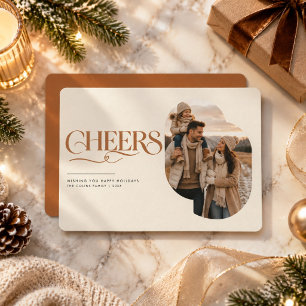 Elegant Taupe Serif Cheers Family Photo Christmas Holiday Card