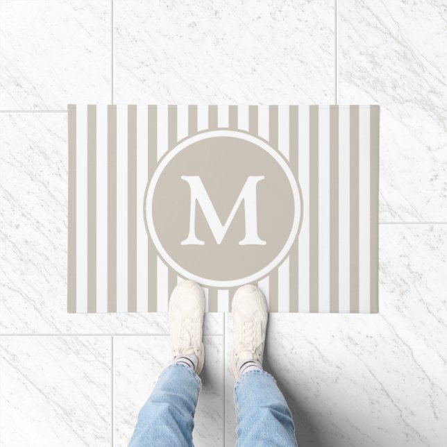 Elegant Taupe Stripes Monogram Doormat (Indoor)