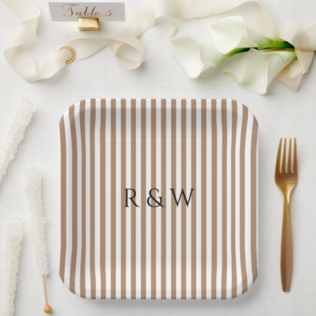 Elegant Taupe Stripes Summer Striped Wedding Paper Plates (Wedding)