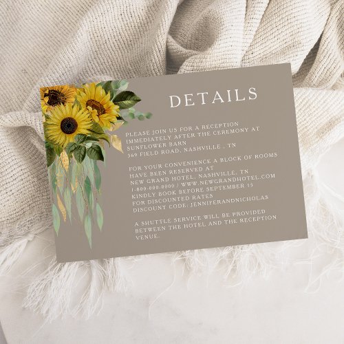 Elegant Taupe Sunflower Wedding Details Enclosure Card