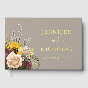 Elegant Taupe Sunflower Wedding Gold Foil Guest Book