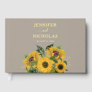 Elegant Taupe Sunflower Wedding Gold Foil Guest Book