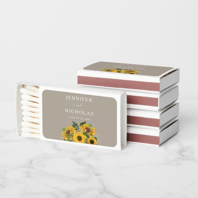 Elegant Taupe Sunflowers Wedding Favor Matchboxes (Stacked)