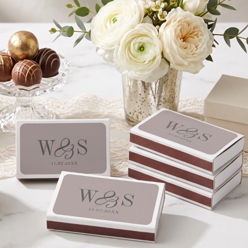 Elegant Taupe Wedding Favors couples initials Matchboxes