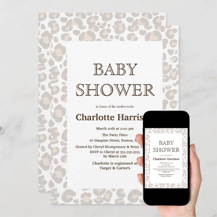 Elegant Taupe & White Cheetah Print Baby Shower Invitation Zazzle