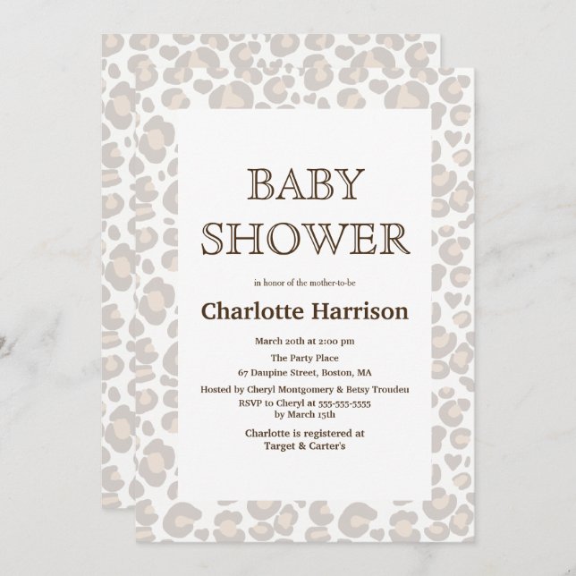 Elegant Taupe & White Cheetah Print Baby Shower Invitation (Front/Back)