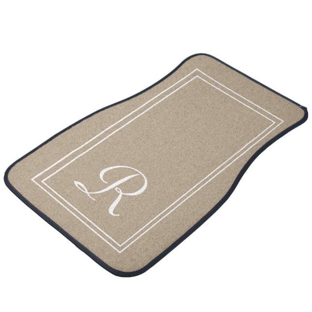 Elegant Taupe White Stripes Monogrammed Initial   Car Floor Mat (Angled)