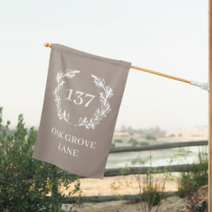 Elegant Taupe White Wreath House Number Address Flag