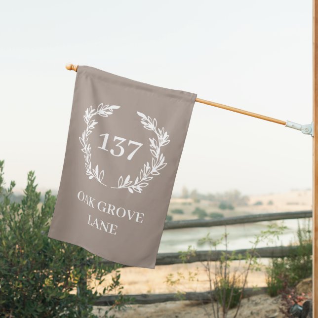 Elegant Taupe White Wreath House Number Address House Flag (Insitu (Back))
