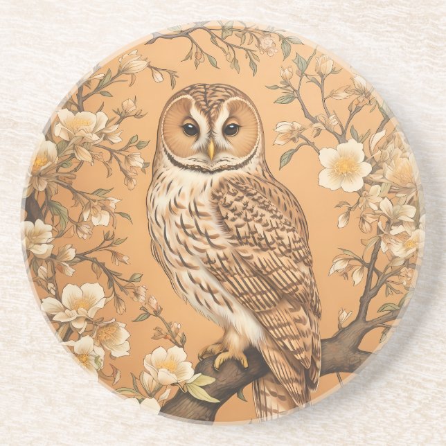 Elegant Tawny Owl William Morris Inspired Coaster (Front)