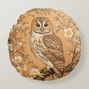 Elegant Tawny Owl William Morris Inspired Round Pillow