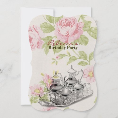 elegant  tea cup vintage floral birthday party invitation