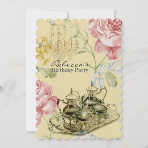 elegant  tea cup vintage floral birthday party invitation