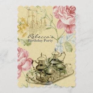 elegant tea cup vintage floral birthday party invitation