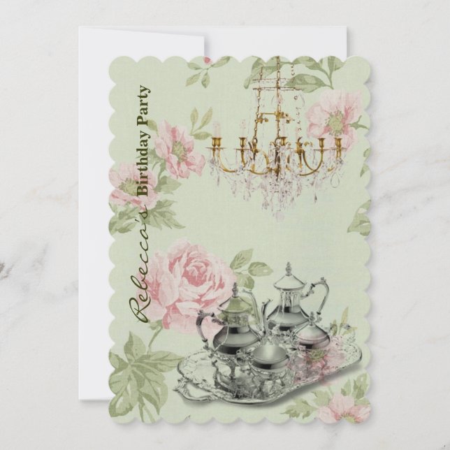 elegant  tea cup vintage floral birthday party invitation (Front)