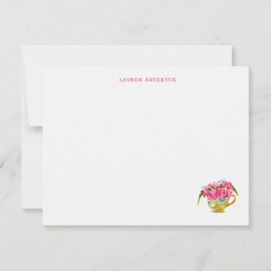 Elegant Tea cup with pink roses flat Thank you Card