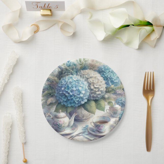 Elegant Tea Party Blue Hydrangea Paper Plate (Wedding)