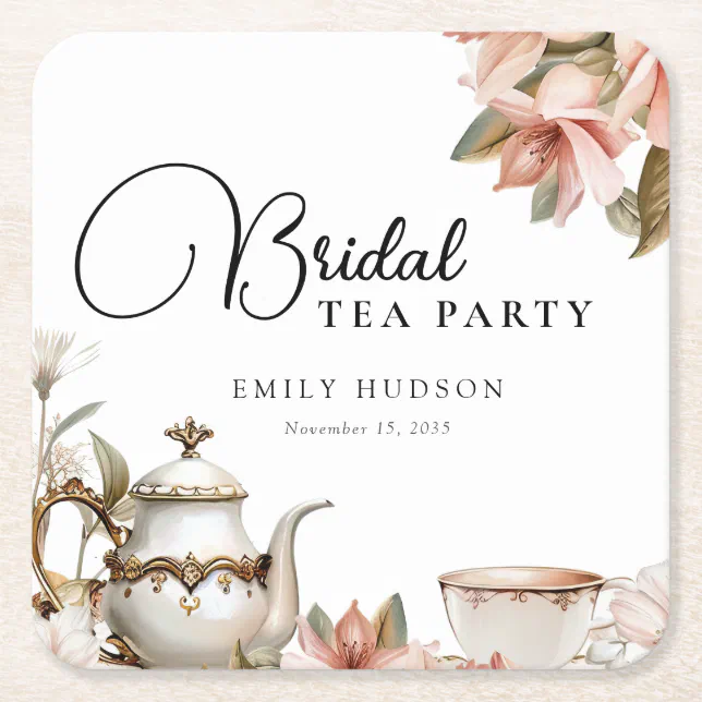 Paper Tea Coaster Elegant Tea Party Bridal Shower Square Paper Coaster | Zazzle