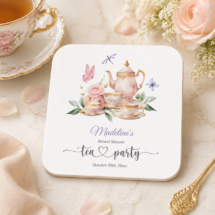 Elegant Tea Party Butterflies Bridal Shower Square Paper Coaster