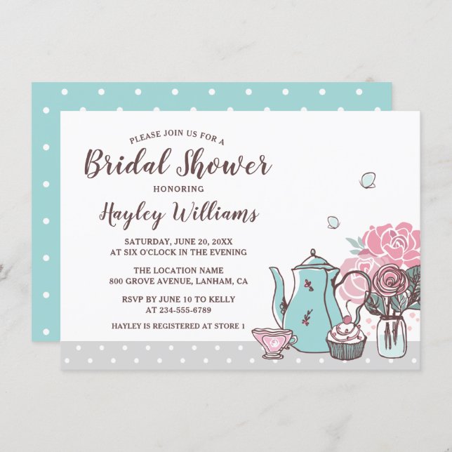 Elegant Tea Party Butterfly Floral Bridal Shower Invitation (Front/Back)