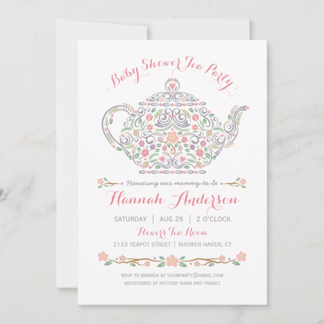 Elegant Tea Party Girl Baby Shower • Teapot Invitation (Front)