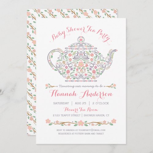 Elegant Tea Party Girl Baby Shower  Teapot Invitation