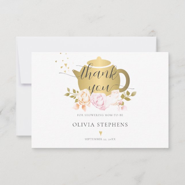 Elegant Tea Party Gold Pink Roses Baby Girl Shower Thank You Card (Front)