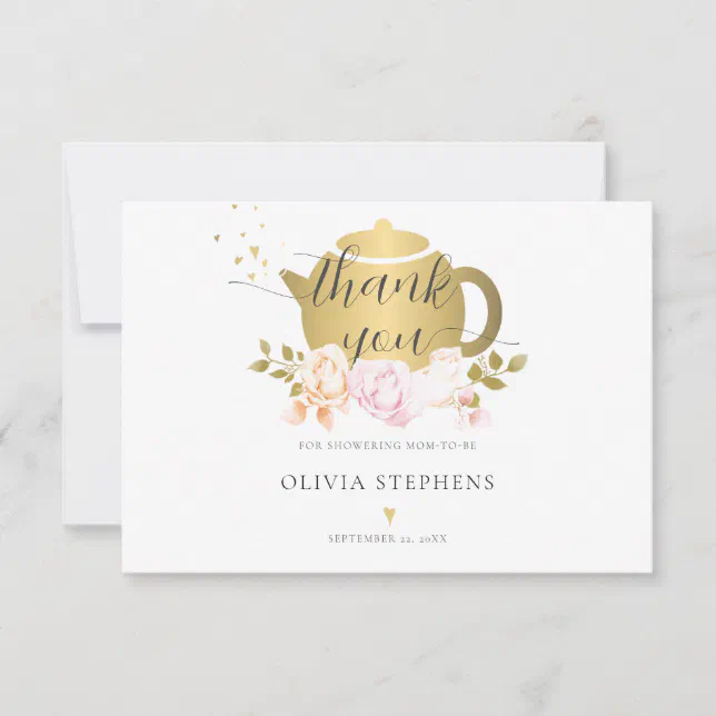 Elegant Tea Party Gold Pink Roses Baby Girl Shower Thank You Card | Zazzle