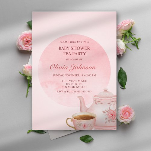 Elegant Tea Party Pink Blush Baby Shower Invitation