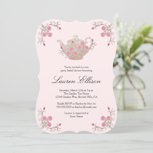 Elegant Tea Party Pink Sparkle Bridal Shower Invitation