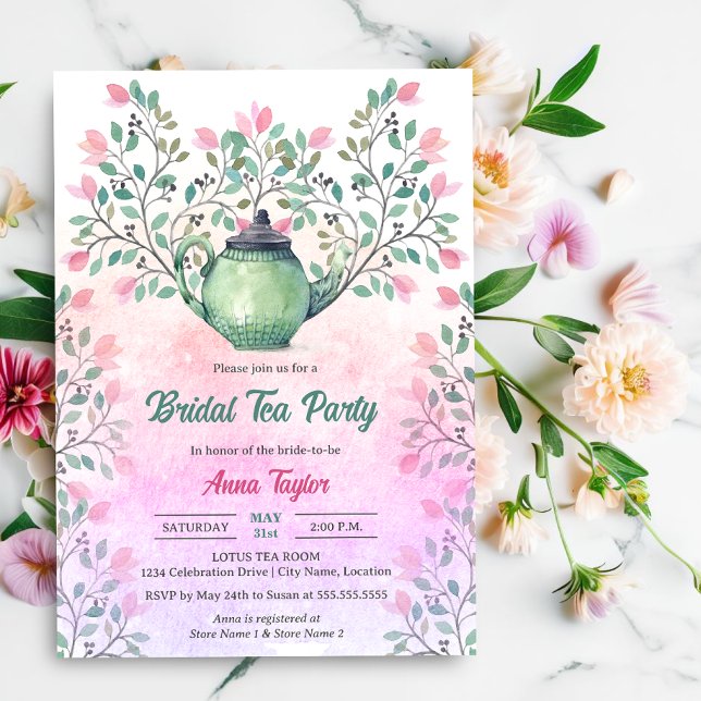Elegant Tea Party Teapot Floral Invitation (Elegant tea party invite with  teapot and floral design elements front view.)
