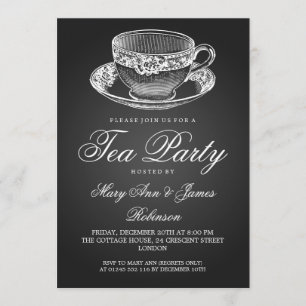 Elegant Tea Party Vintage Tea Cup Black Invitation
