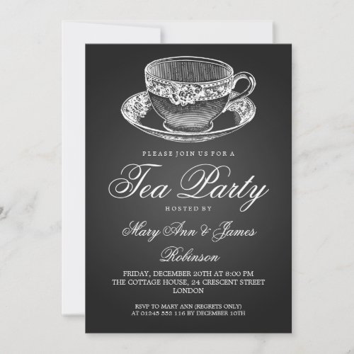 Elegant Tea Party Vintage Tea Cup Black Custom Invitations