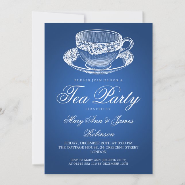 Elegant Tea Party Vintage Tea Cup Blue Invitation (Front)