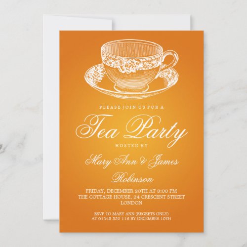 Elegant Tea Party Vintage Tea Cup Orange Invitation