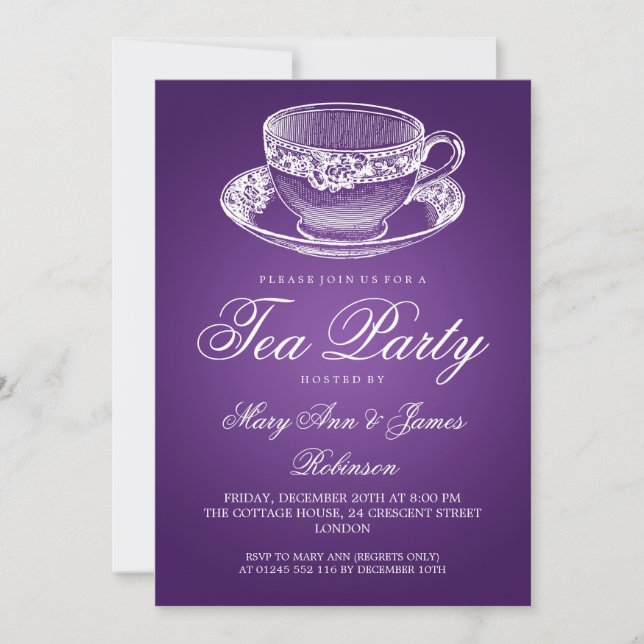 Elegant Tea Party Vintage Tea Cup Purple Invitation (Front)