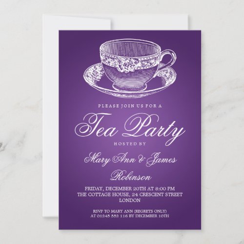 Elegant Tea Party Vintage Tea Cup Purple Invitation