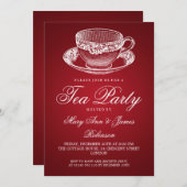 Elegant Tea Party Vintage Tea Cup Red Invitation (Front/Back)