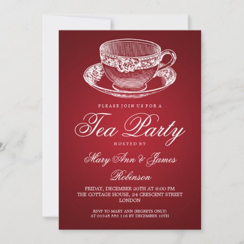 Elegant Tea Party Vintage Tea Cup Red Custom Announcements
