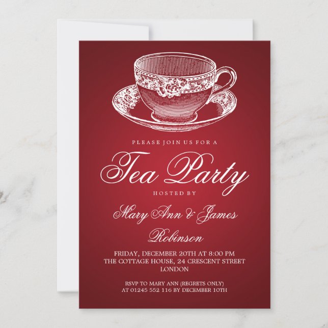 Elegant Tea Party Vintage Tea Cup Red Invitation (Front)