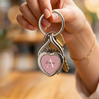 Elegant Tea Rose Pink Monogram Name Heart Keychain