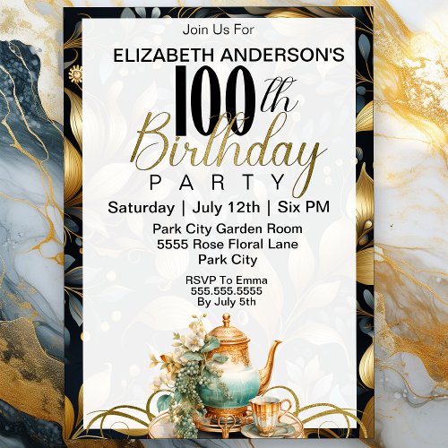 Elegant Tea Set 100th Birthday Invitation