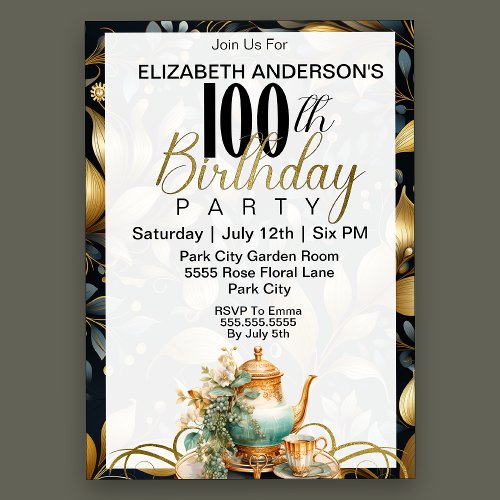 Elegant Tea Set 100th Birthday Invitation