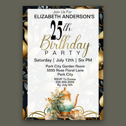 Elegant Tea Set 25th Birthday Invitation