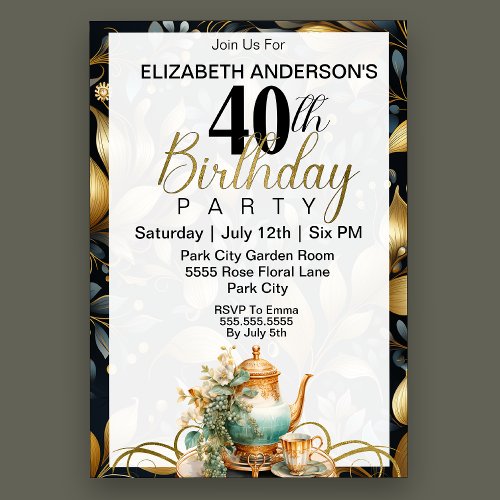 Elegant Tea Set 40th Birthday Invitation