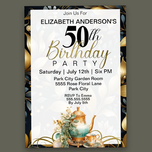 Elegant Tea Set 50th Birthday Invitation