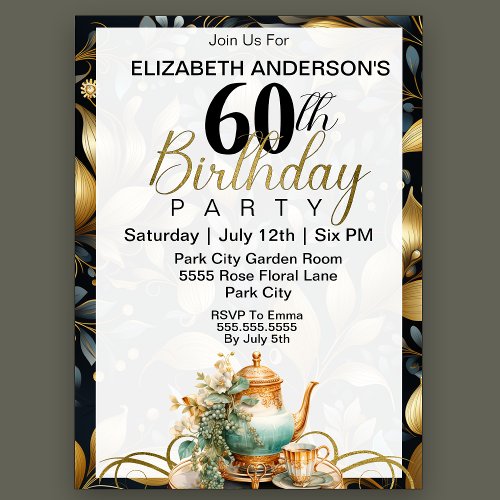 Elegant Tea Set 60th Birthday Invitation